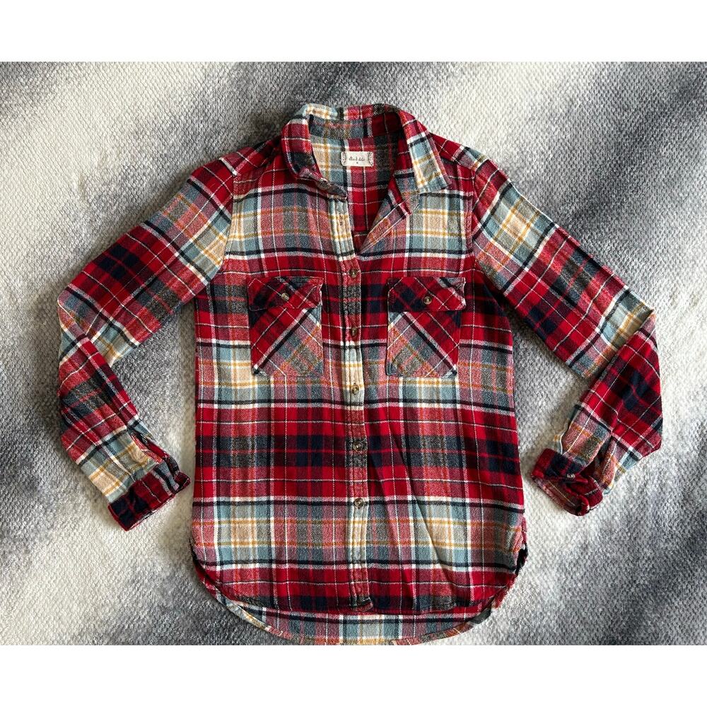 Altar'd State Red Gold Plaid Button Down Hi Low Shirt Women Size Medium Western
